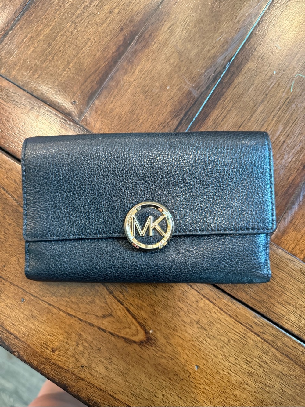 Michael Kors Black Pebbled Leather Wallet with Gold MK Emblem